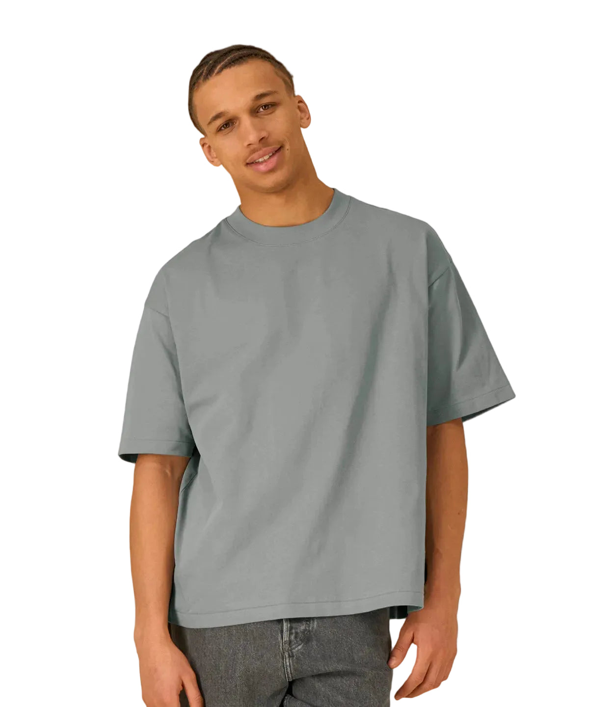 Man wearing a gray t-shirt against a beige background